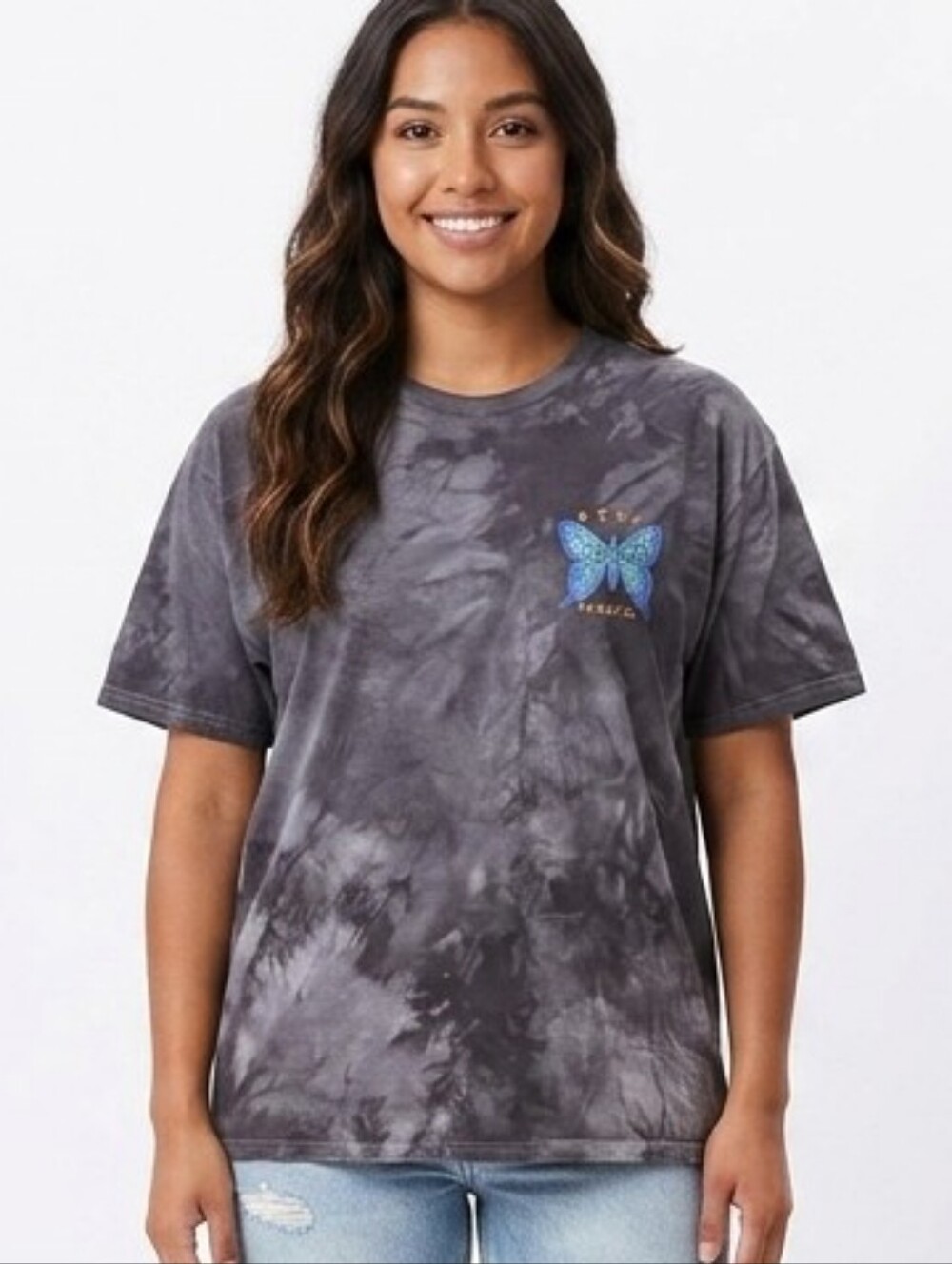 Obey Charcoal Tie-Dye Tee with Blue Butterfly